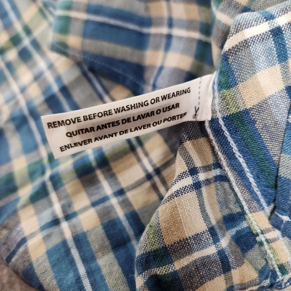 J‎ Crew Linen Blend Shirt Men L Blue Multicolor Scotch Plaid Slim Fit Preppy